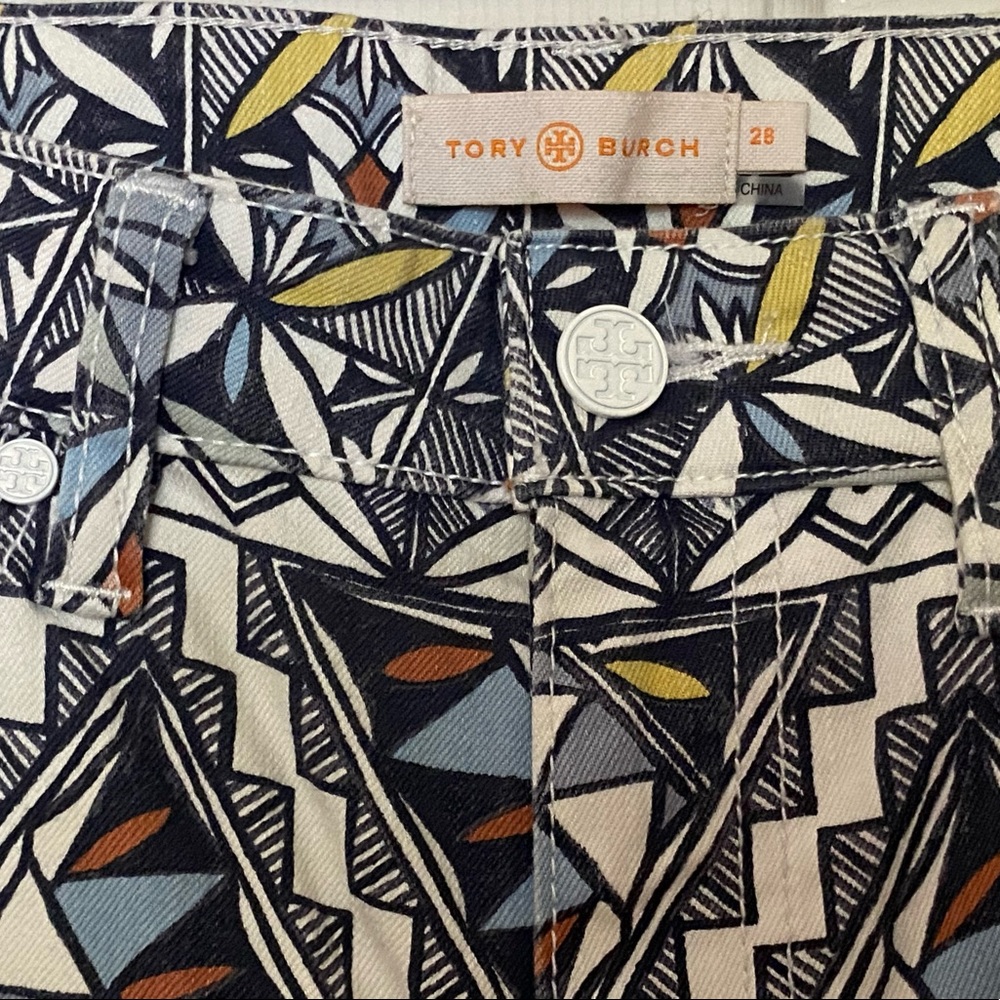 Designer Tory Burch Geometric Patterned Denim Stretch Jeans Size 28